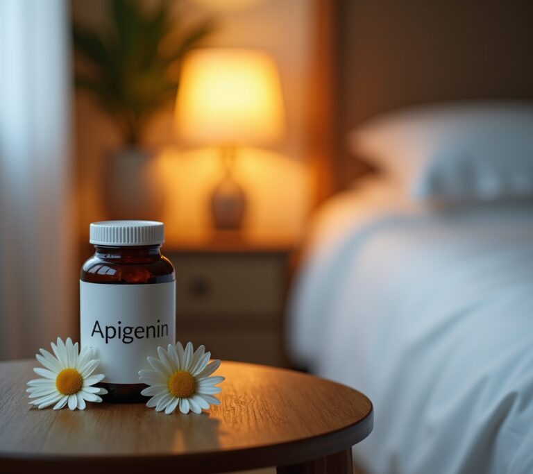 Dried chamomile flowers next to a clear supplement capsule on a wooden surface