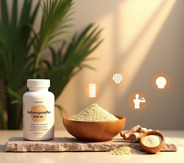 Ashwagandha root pieces and powder on a rustic wooden board