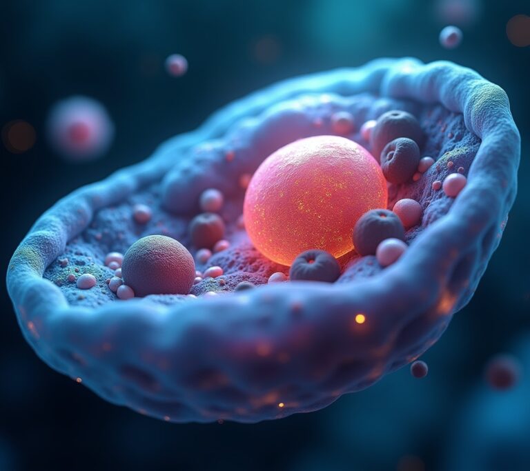 Illustration of a cell engulfing and recycling damaged organelles