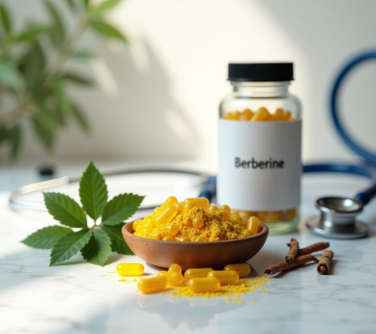 Golden-yellow berberine capsules arranged next to a glucose monitor