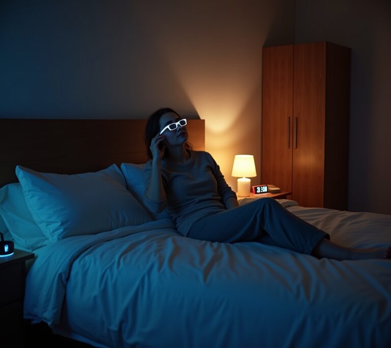Person wearing amber-tinted blue light blocking glasses at a computer at night
