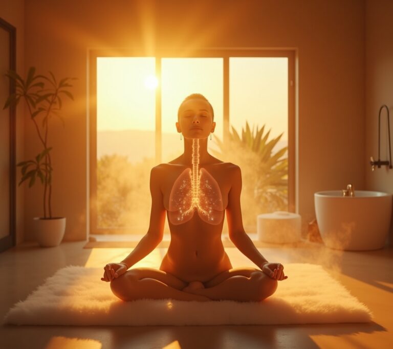 Person practicing deep breathwork outdoors with eyes closed and hands on chest