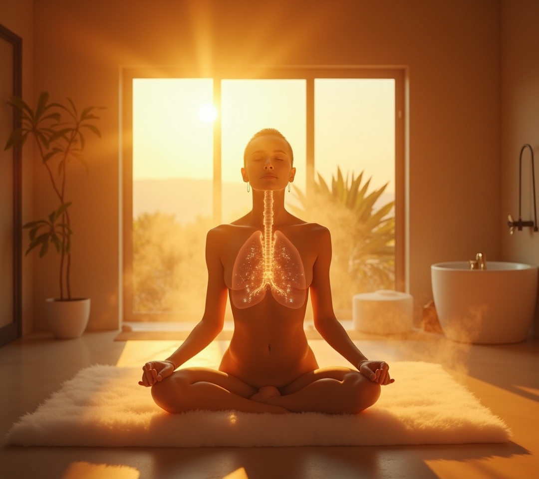 Person practicing deep breathwork outdoors with eyes closed and hands on chest