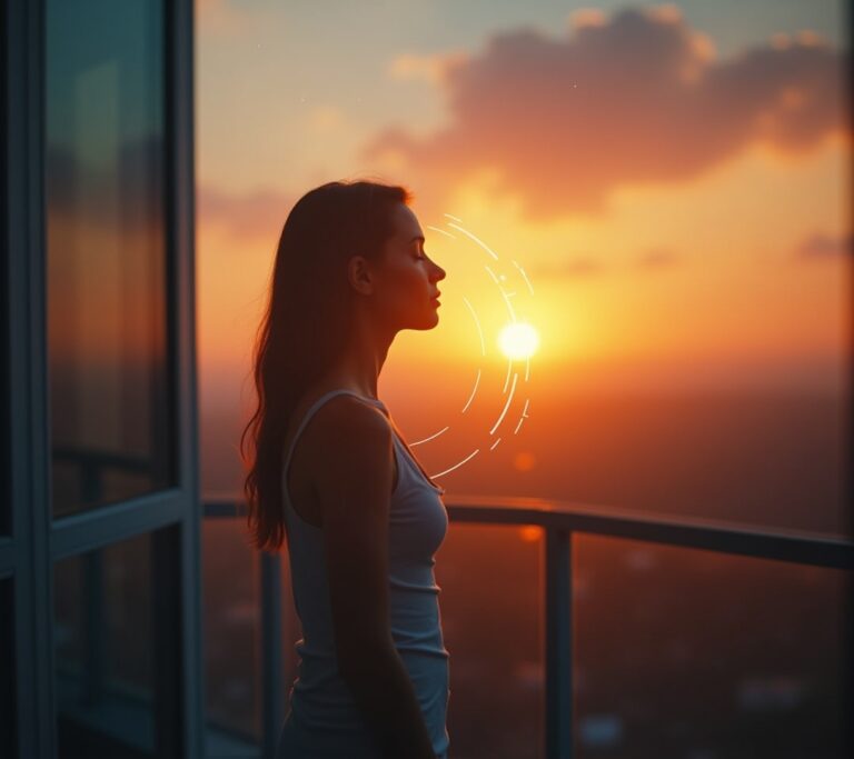 Sunrise seen through a bedroom window with warm golden light flooding in