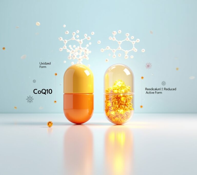 Two softgel capsules in different shades of orange representing CoQ10 and ubiquinol