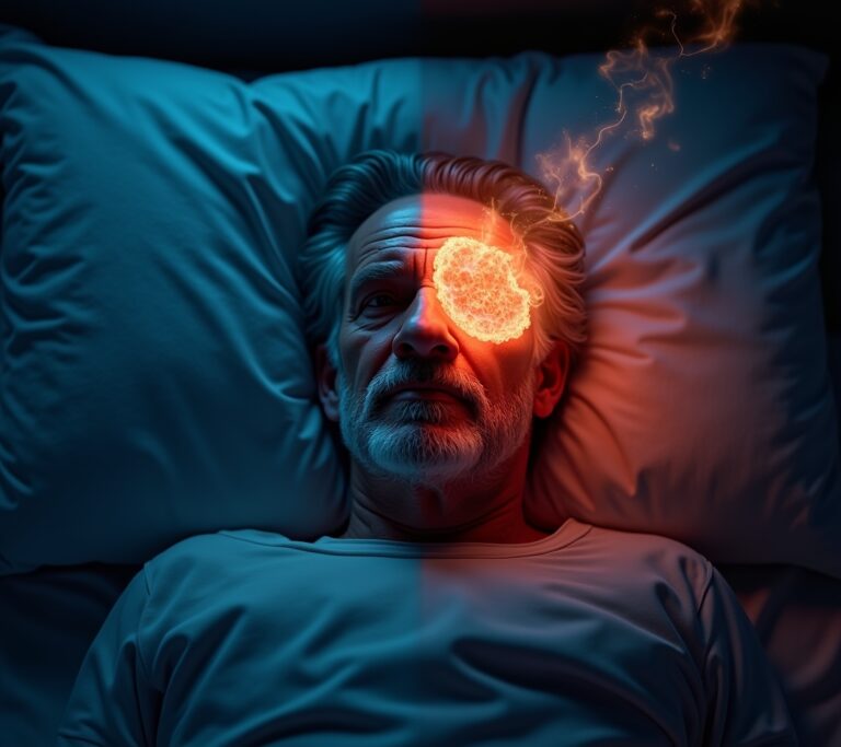 Stressed person awake in bed at night staring at the ceiling