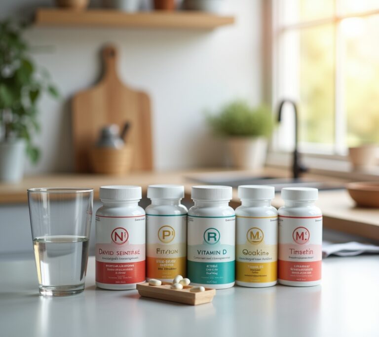 Neatly organized supplement stack in a weekly pill organizer on a desk
