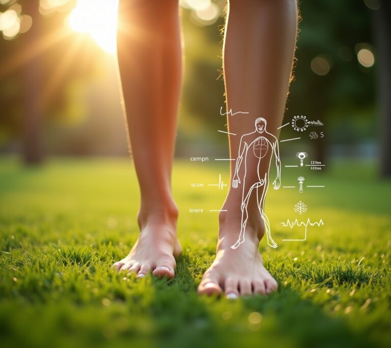 Bare feet standing on dewy green grass in early morning light