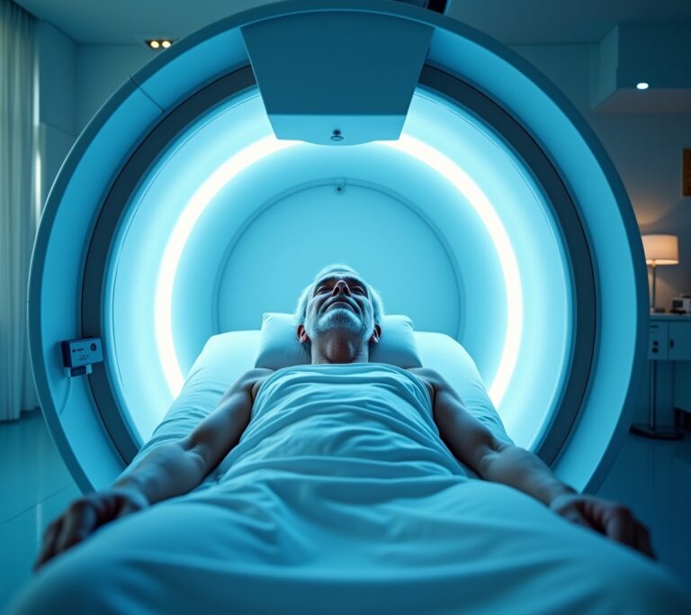 Person lying comfortably inside a hyperbaric oxygen chamber