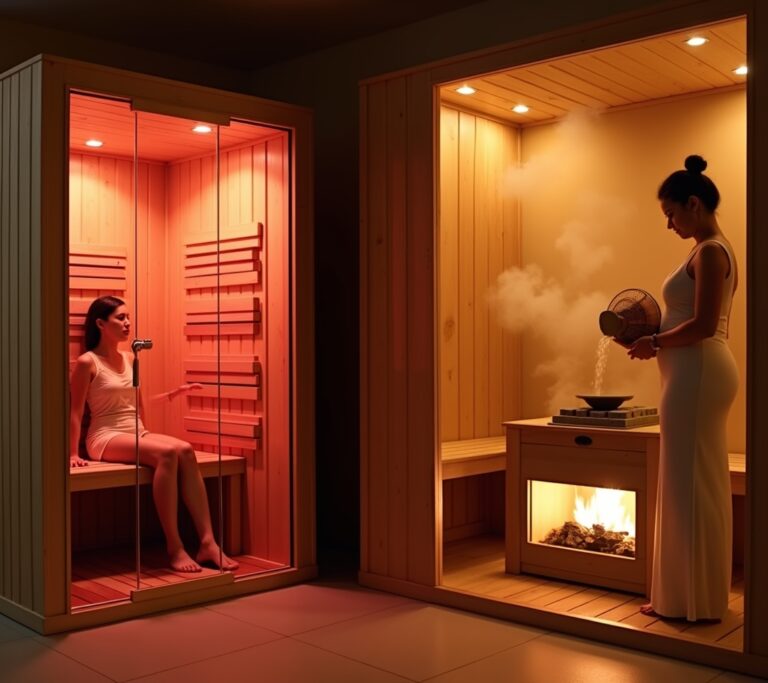 Interior of a modern infrared sauna with glowing red panels