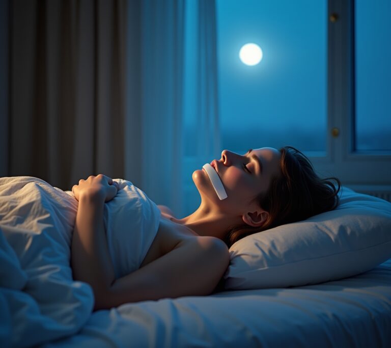 Person with a small strip of medical tape over their mouth ready for sleep