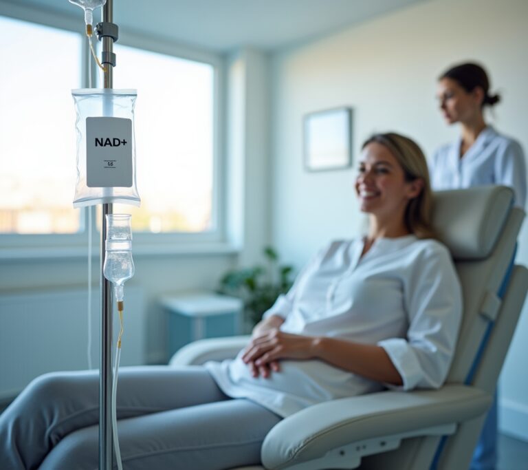 IV drip bag with clear NAD+ solution hanging in a modern wellness clinic