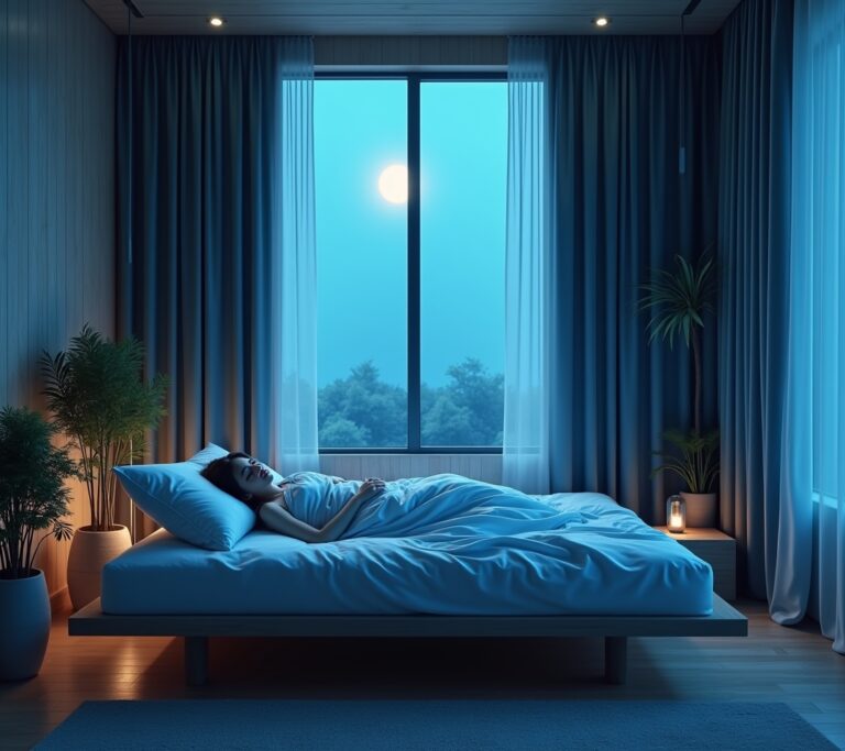 Person sleeping peacefully in a dark bedroom with soft blue ambient light