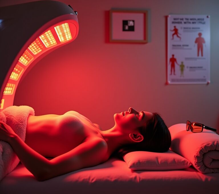 Person standing in front of a full-body red light therapy panel glowing red