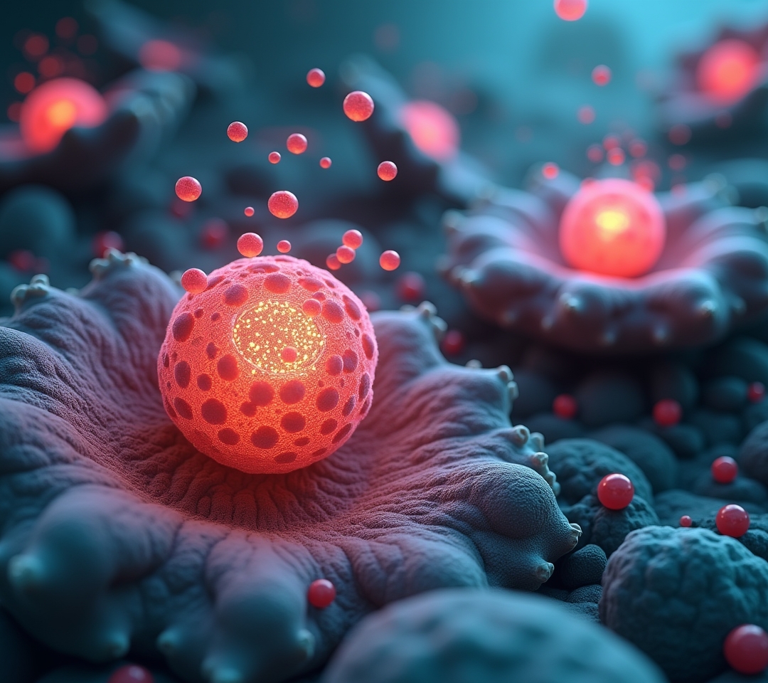 Illustration of healthy cells alongside bloated senescent zombie cells