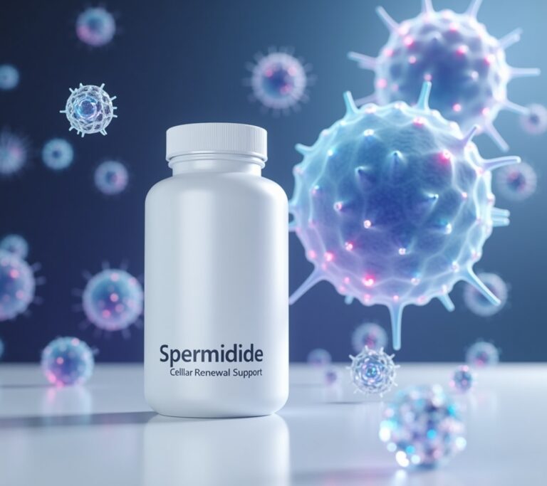 Spermidine supplement capsules next to aged cheese and wheat germ on a plate