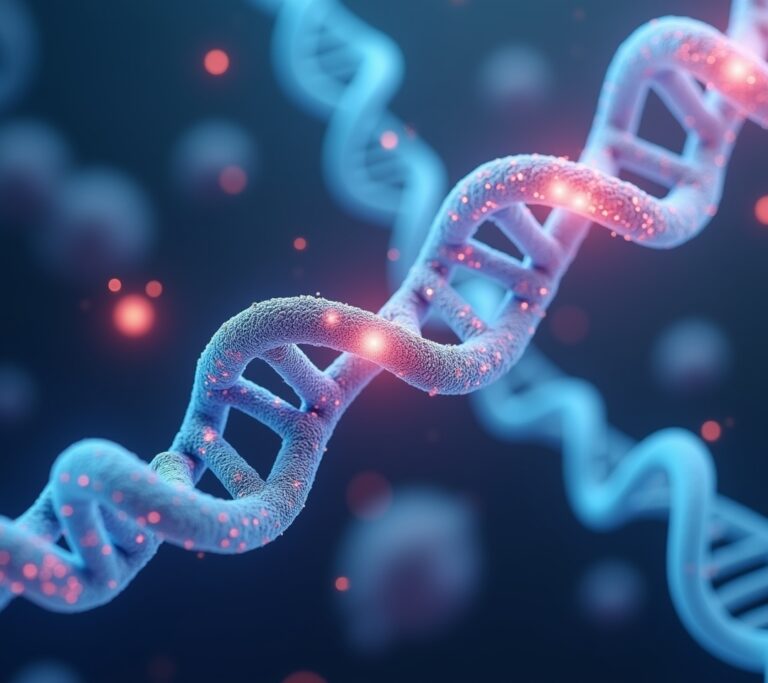 Illustration of chromosome ends with telomere caps highlighted in bright color