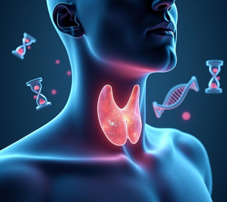 Anatomical illustration of the thyroid gland in the neck with hormone labels