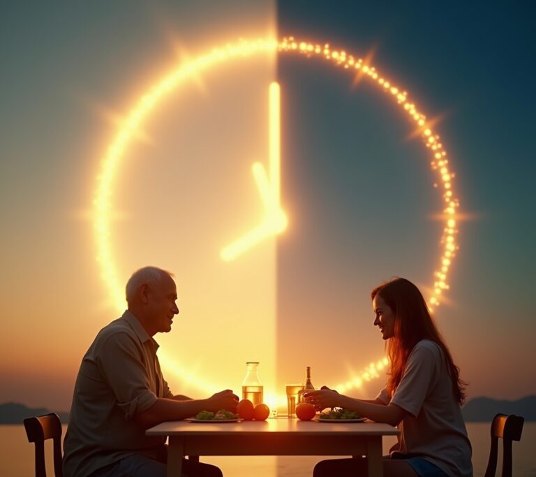 Clock overlaid on a plate with food visible only during an 8-hour window