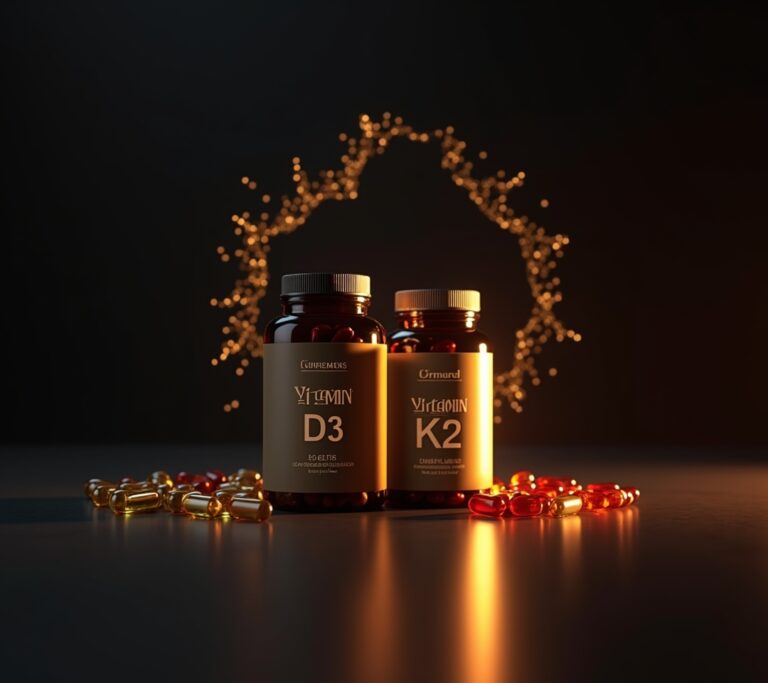 Vitamin D3 and K2 supplement bottles standing together in warm sunlight