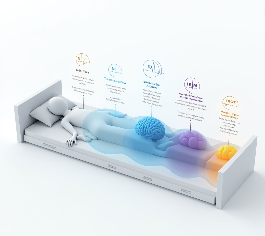 Colorful hypnogram chart showing full night cycling through sleep stages